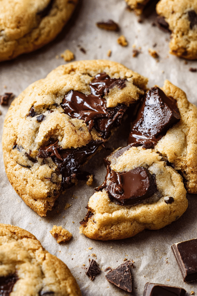 Warm chocolate chip cookie broken in half with melted chocolate chunks and golden edges on parchment paper