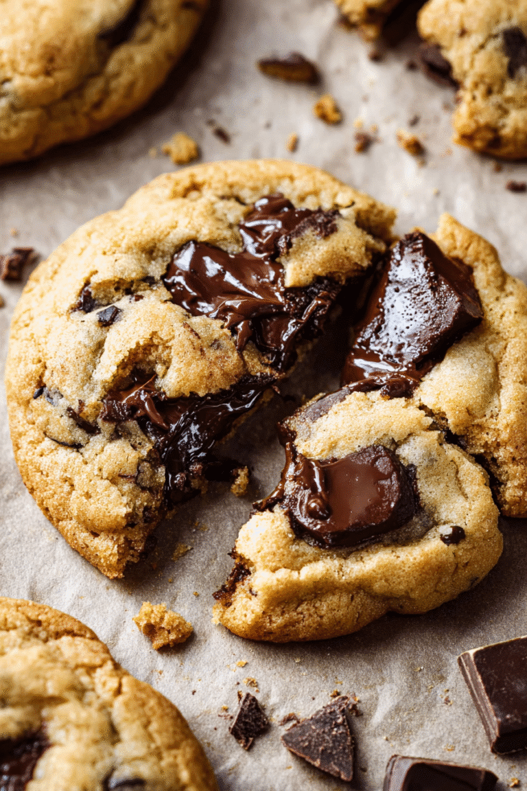 Warm chocolate chip cookie broken in half with melted chocolate chunks and golden edges on parchment paper