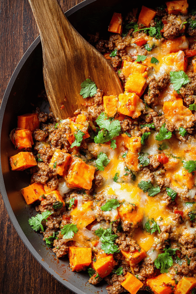 Southwest ground beef and sweet potato skillet with melted cheese, cilantro, and spices for a quick flavorful dinner