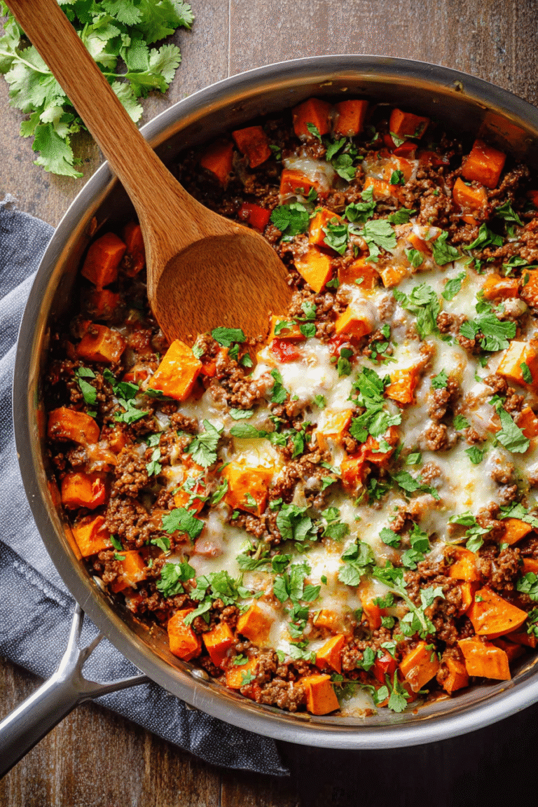 Southwest ground beef and sweet potato skillet topped with melted cheese and cilantro for an easy flavorful dinner