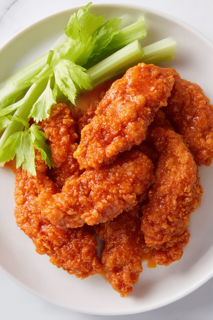 Crispy buffalo chicken tenders coated in spicy sauce, served with fresh celery sticks on a white plate for a tasty meal.