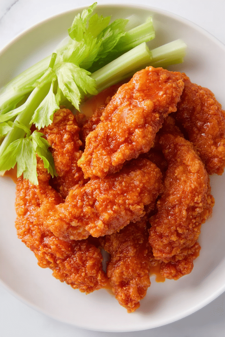Crispy buffalo chicken tenders coated in spicy sauce, served with fresh celery sticks on a white plate for a tasty meal.