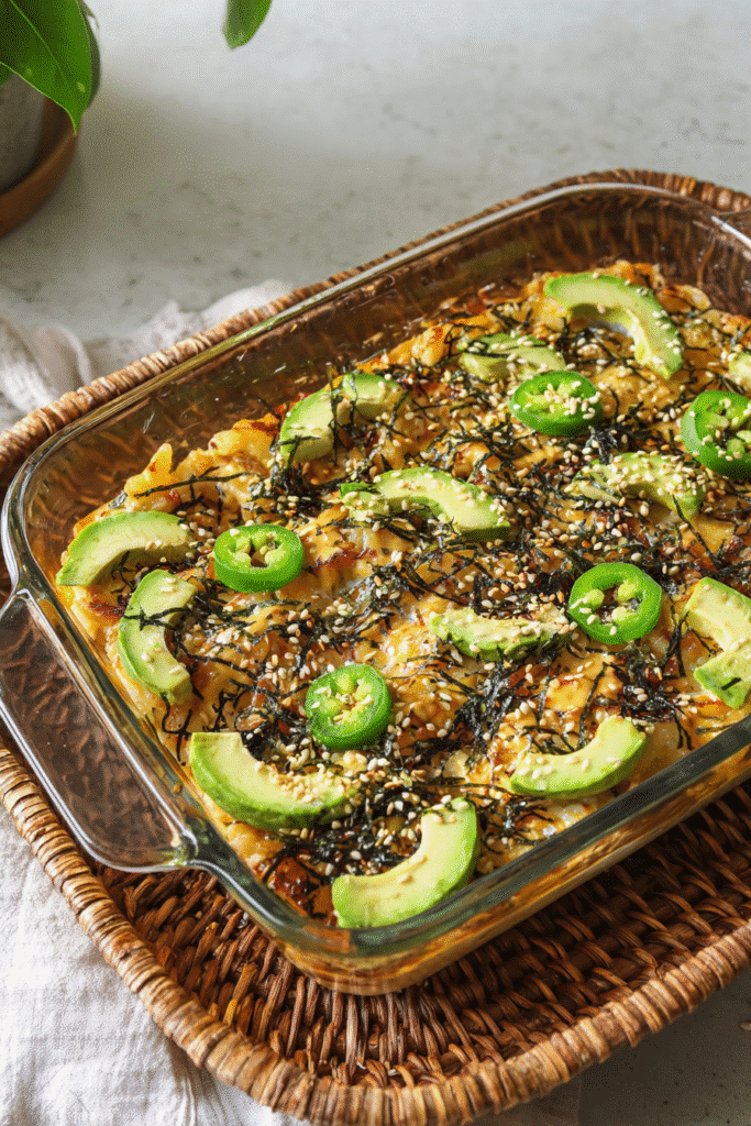 Spicy salmon sushi bake topped with avocado slices, jalapeño, nori, and sesame seeds in a golden baked dish