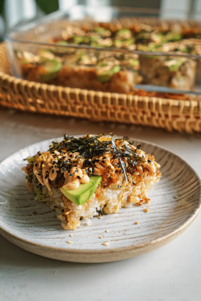 Slice of spicy salmon sushi bake topped with creamy sauce, avocado, seaweed, and sesame seeds on a ceramic plate