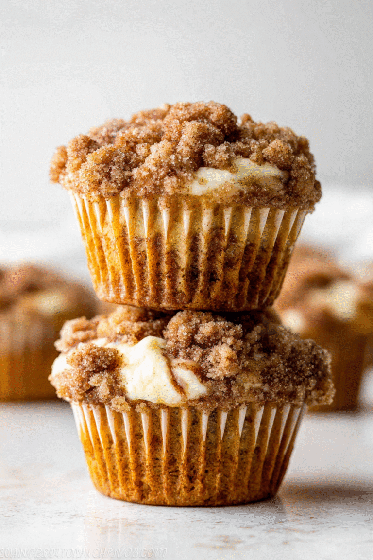 Soft pumpkin cheesecake muffins topped with cinnamon crumble and creamy cheesecake swirl, perfect fall treat