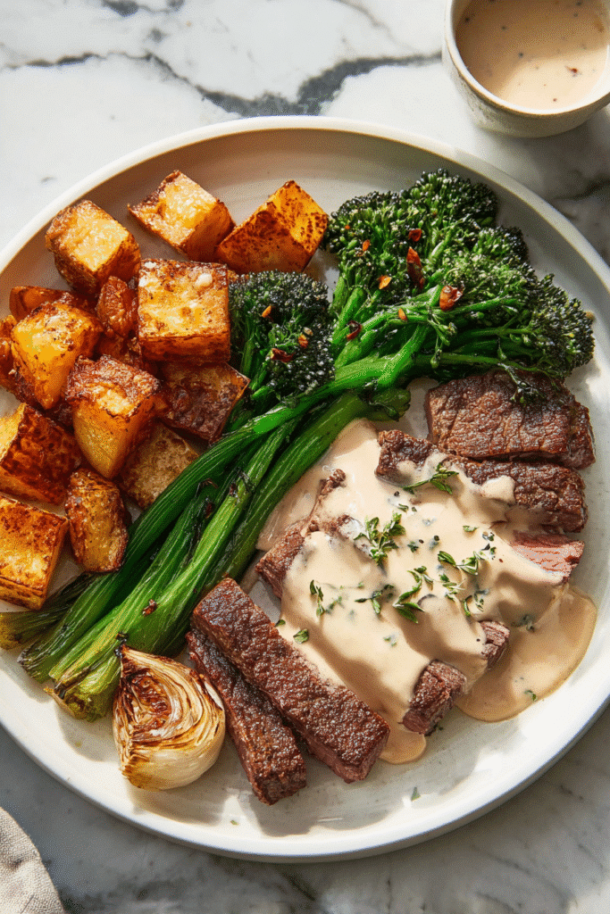 Tender steak slices topped with creamy garlic sauce, crispy potatoes, grilled onions, and broccolini on a white plate
