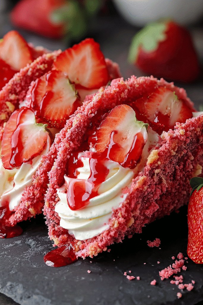 Crispy strawberry crunch cheesecake tacos filled with creamy cheesecake, fresh strawberries, and sweet strawberry drizzle