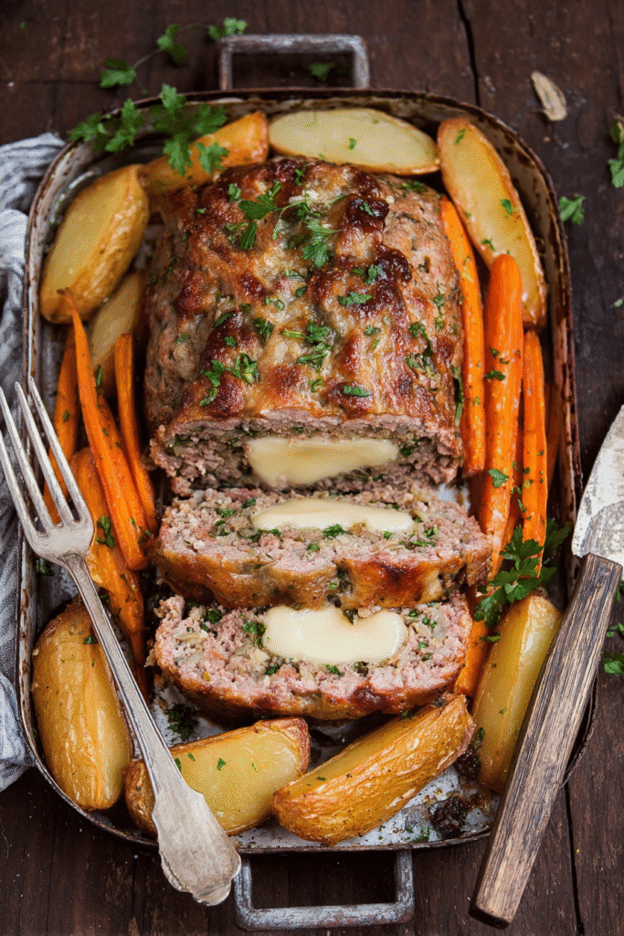 Stuffed Italian meatloaf filled with melted cheese, baked with carrots and potatoes for a hearty family dinner