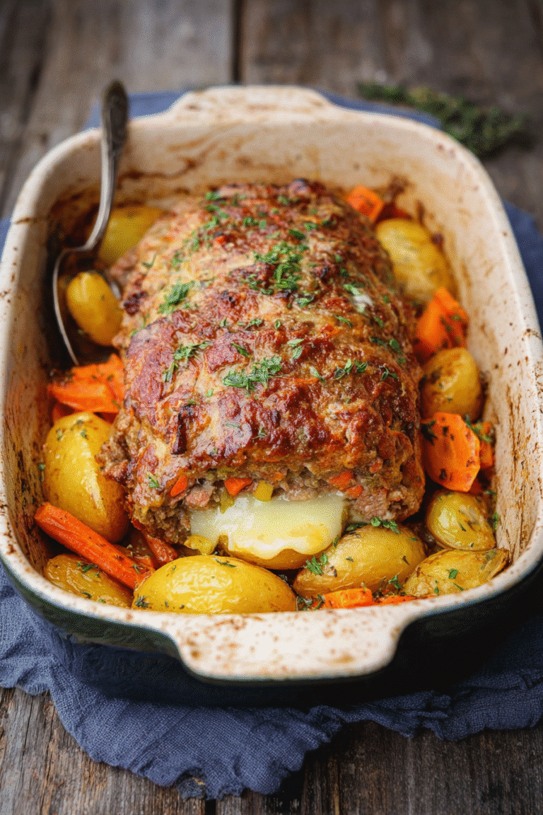 Baked stuffed Italian meatloaf with melted cheese, golden potatoes, and carrots in a rustic dish topped with herbs