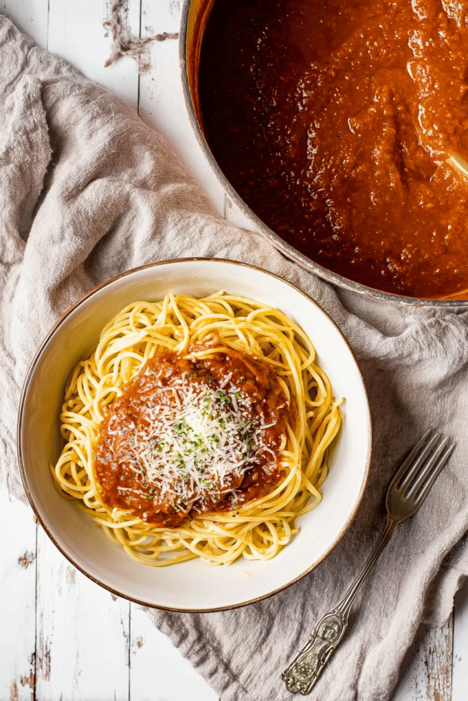 Homemade spaghetti topped with rich tomato sauce and grated cheese, made with hidden veggies for extra flavor