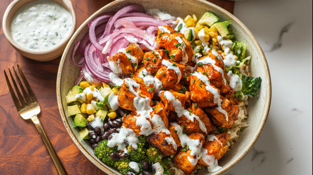 Top-down view of a buffalo chicken bowl, spicy grilled buffalo chicken