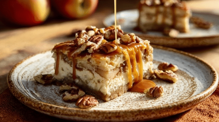 Top-down view of a caramel apple cheesecake bar