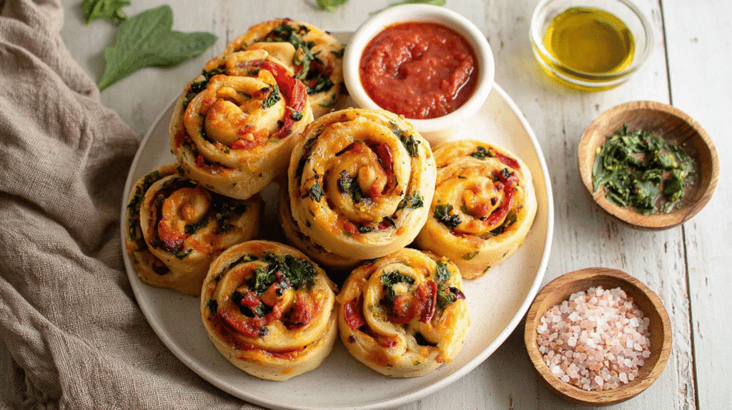 Top-down view of a plate of freshly baked vegan pizza rolls
