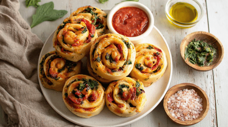 Top-down view of a plate of freshly baked vegan pizza rolls