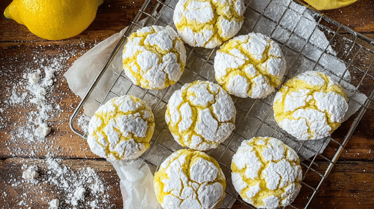 Top-down view of bright lemon crinkle cookies cooling on a wire rac