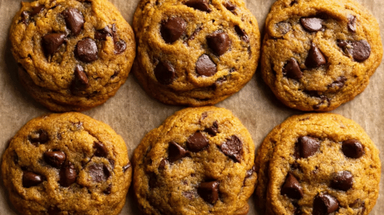 Top-down view of chewy pumpkin chocolate chip cookies