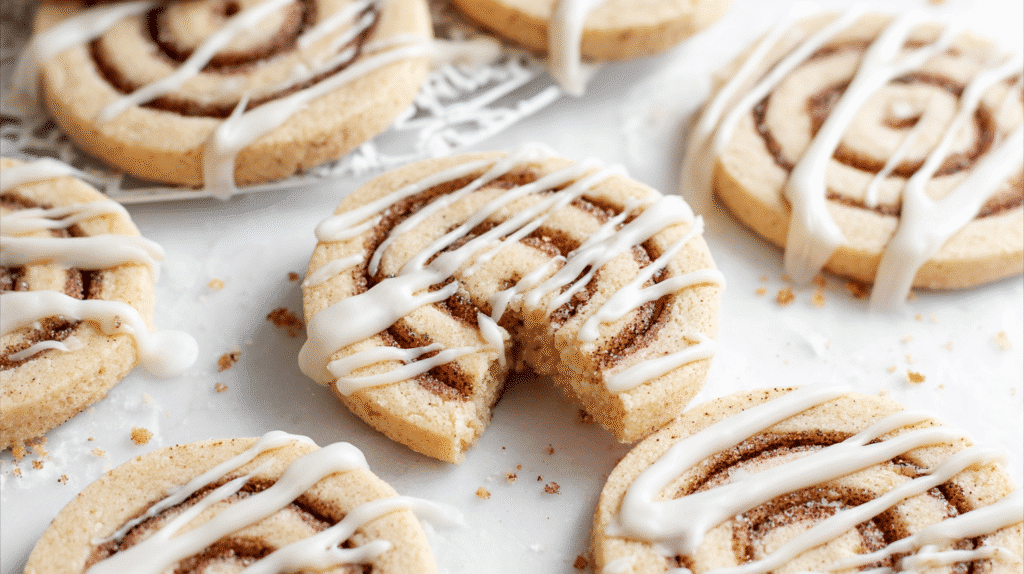 Top-down view of cinnamon roll cookies arranged on a light surface