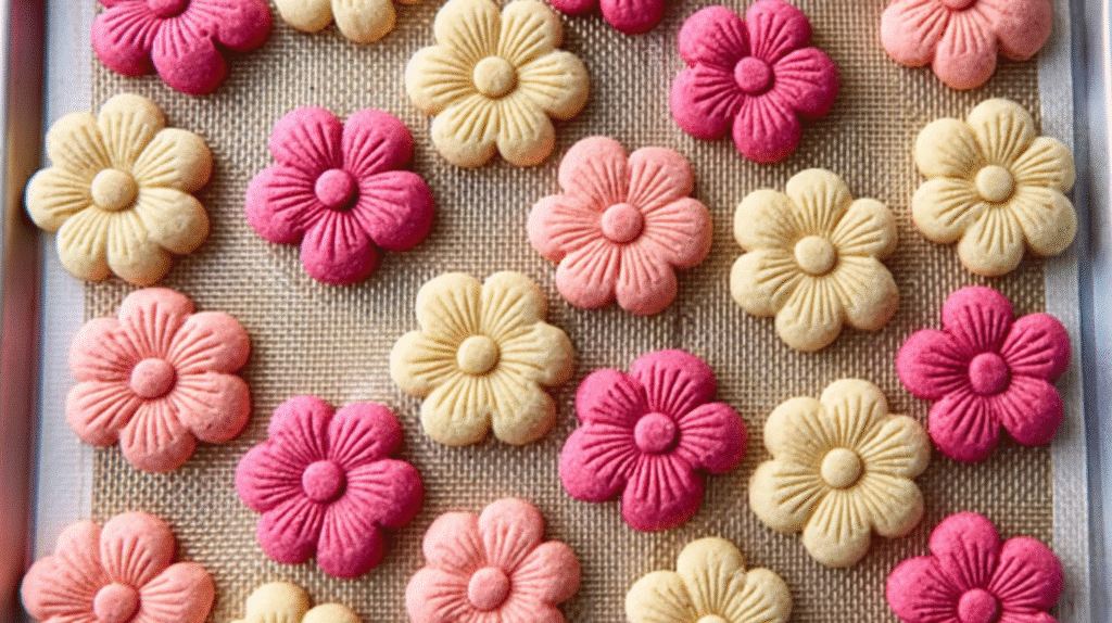 Top-down view of colorful flower-shaped shortbread cookies