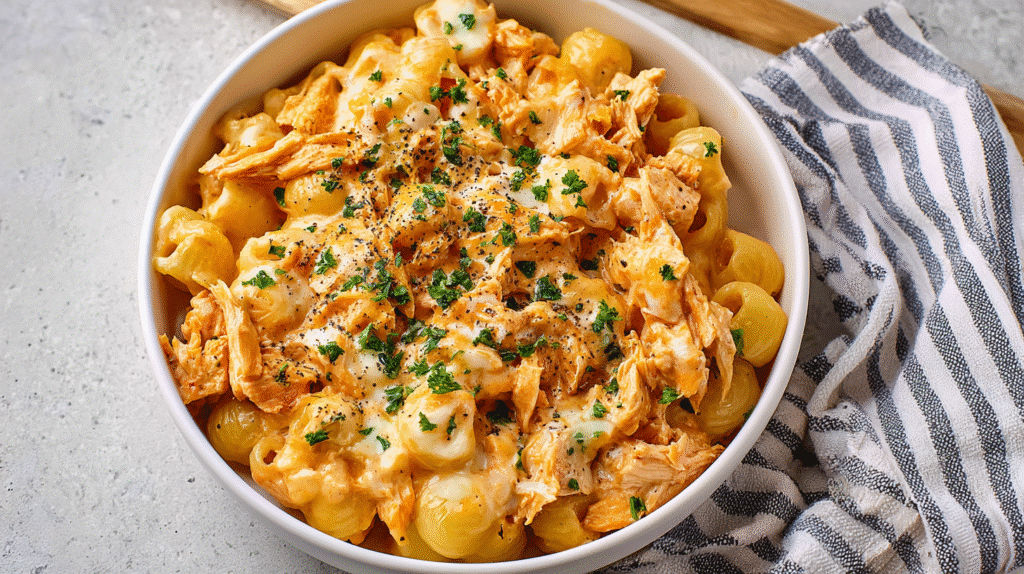 Top-down view of creamy buffalo chicken mac and cheese