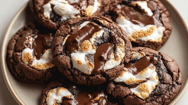 Top-down view of freshly baked chocolate marshmallow swirl cookies