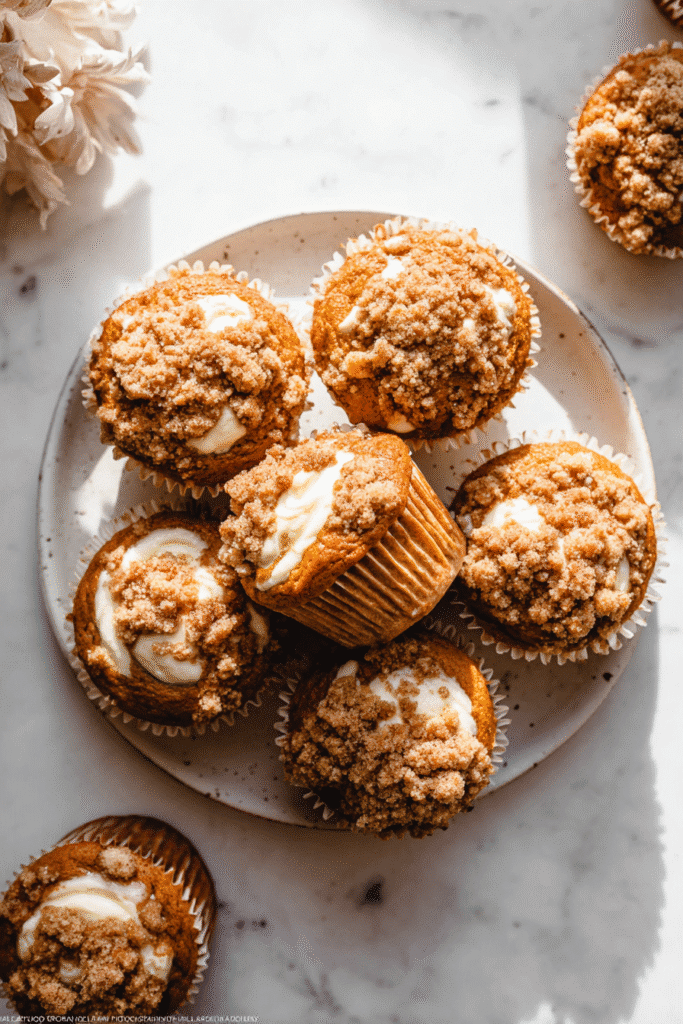 Freshly baked pumpkin cheesecake muffins with crumb topping on a white plate, soft and golden under warm sunlight