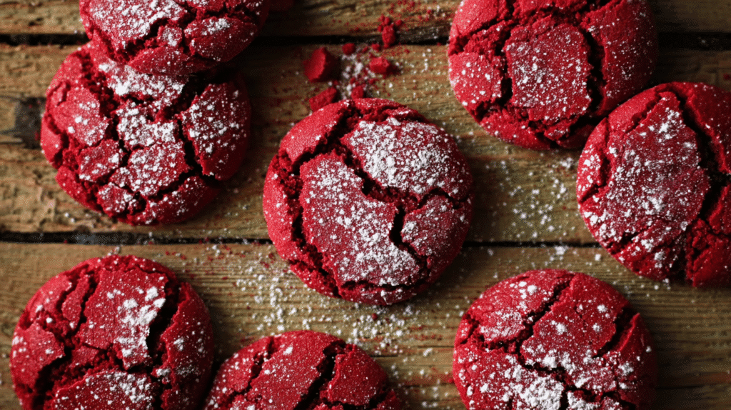 Top-down view of freshly baked red velvet crinkle cookie