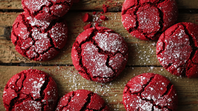 Top-down view of freshly baked red velvet crinkle cookie