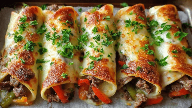 Top-down view of keto Philly cheesesteak roll ups