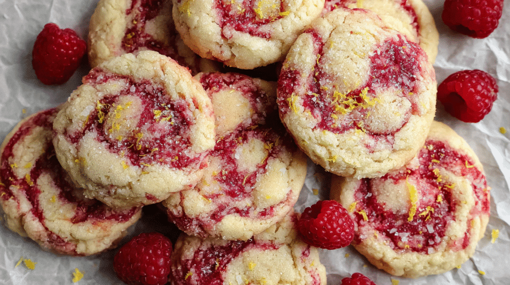 Top-down view of lemon raspberry cookies on a crinkled parchment paper background, golden buttery cookies with vivid raspberry swirls