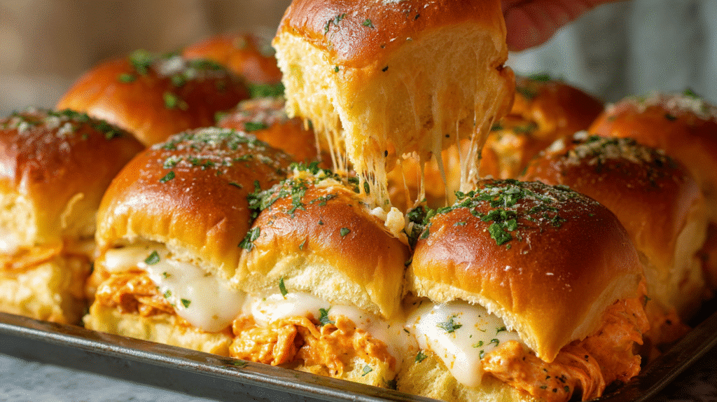 Top-down view of spicy buffalo chicken sliders on a tray