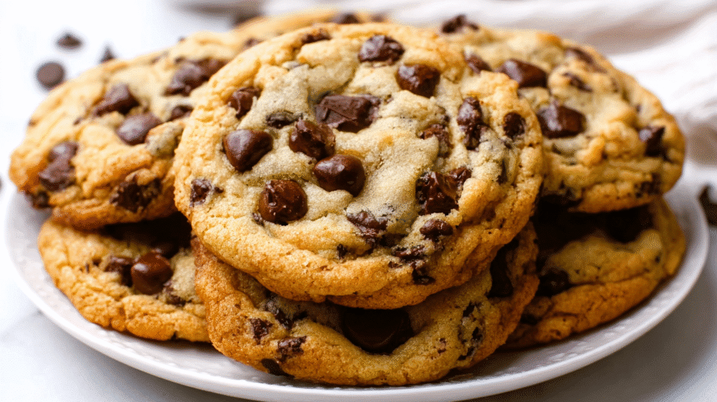 Top-down view of ultra thick bakery-style chocolate chip cookies