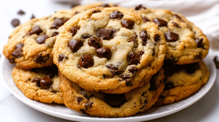 Top-down view of ultra thick bakery-style chocolate chip cookies