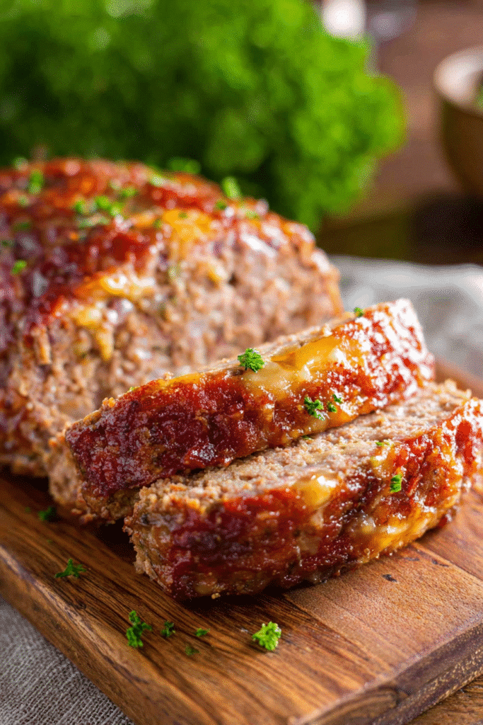 Juicy Traeger smoked meatloaf topped with tangy glaze and melted cheese, perfectly smoked and tender on a wooden board