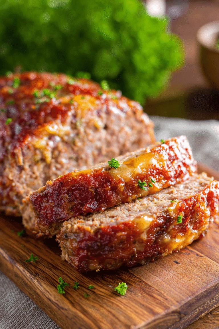 Juicy Traeger smoked meatloaf topped with tangy glaze and melted cheese, perfectly smoked and tender on a wooden board