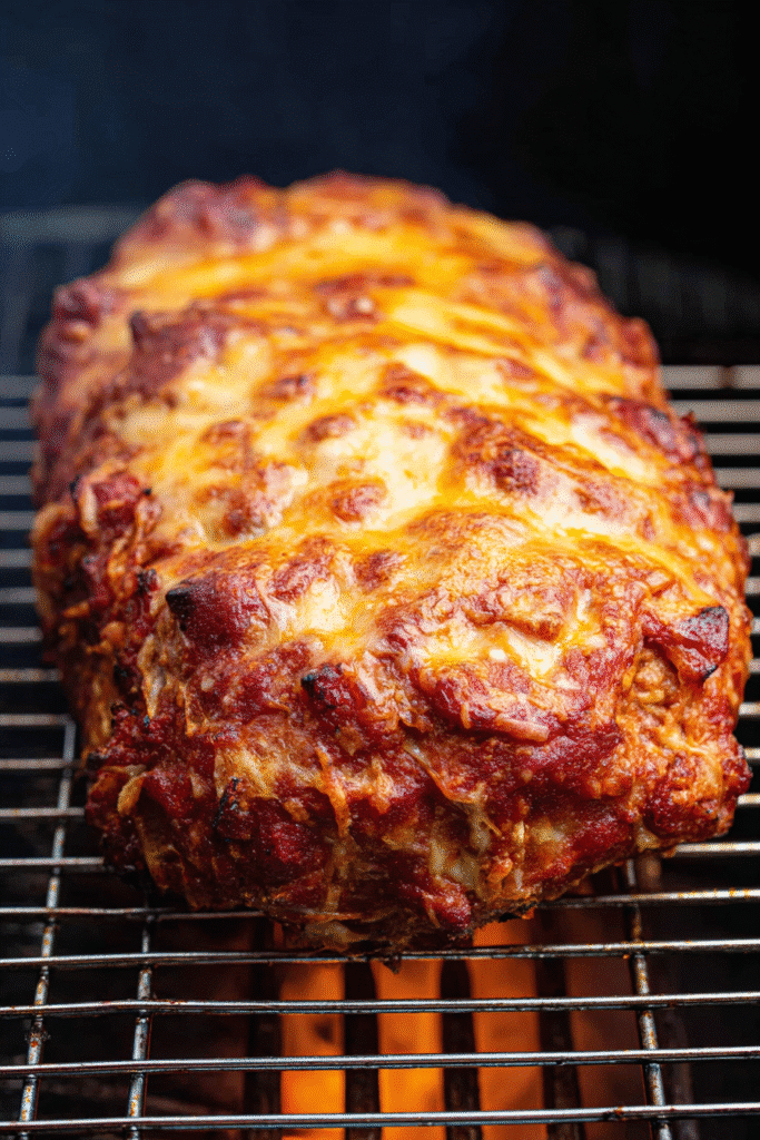 Smoked meatloaf on a Traeger grill topped with caramelized BBQ glaze and melted cheese over open flame for rich flavor