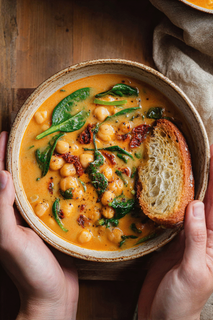 Creamy Tuscan garbanzo bean soup with spinach, sun-dried tomatoes, and bread served warm in a rustic bowl