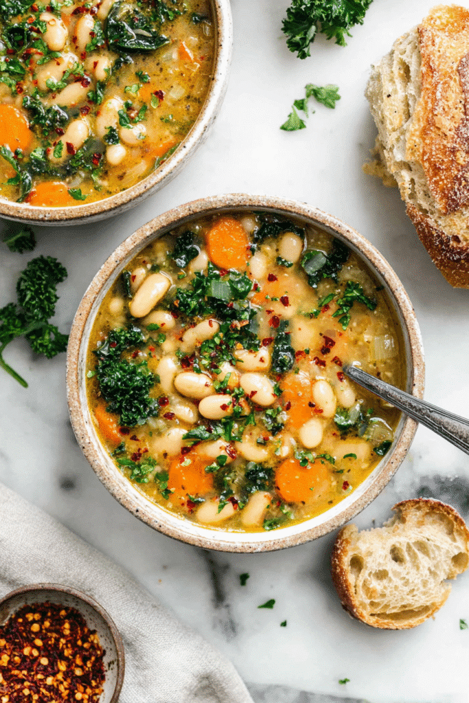 Tuscan white bean soup with carrots, kale, and herbs served with crusty bread for a cozy and healthy meal