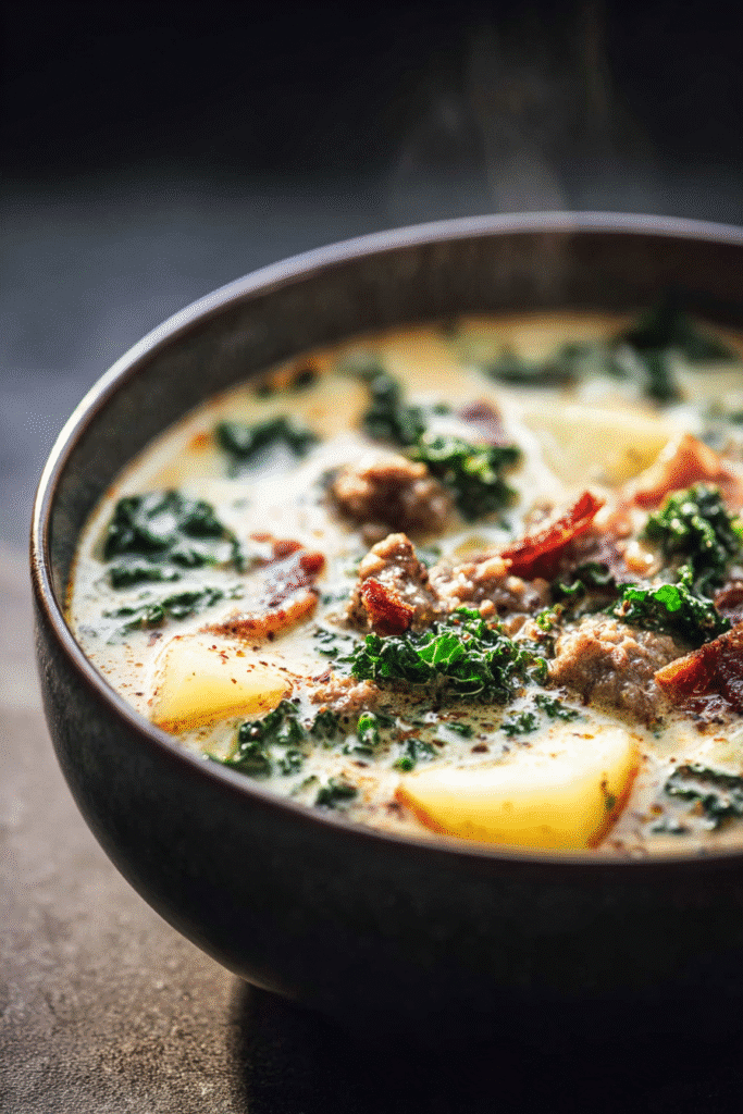 Creamy Tuscan soup filled with sausage, kale, and potatoes in a rich broth for a warm and hearty meal