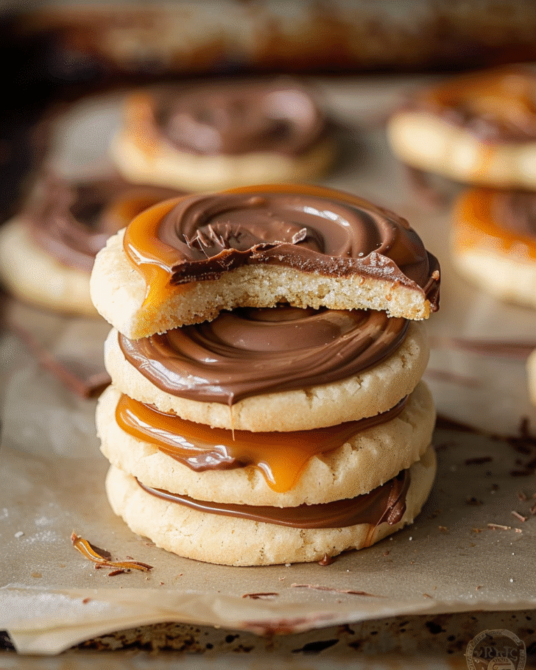 Stack of Twix cookies topped with smooth caramel and milk chocolate layers, showing a soft buttery shortbread bite