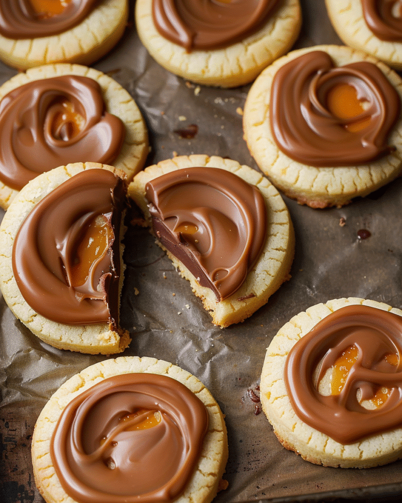 Soft shortbread Twix cookies topped with creamy milk chocolate and caramel swirls, freshly baked on parchment paper