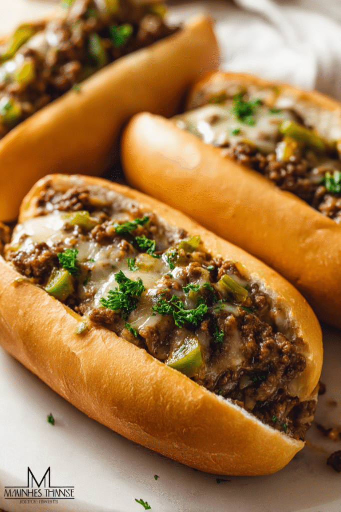 Cheesy ground beef stuffed rolls topped with melted cheese and parsley, served warm for a comforting family meal