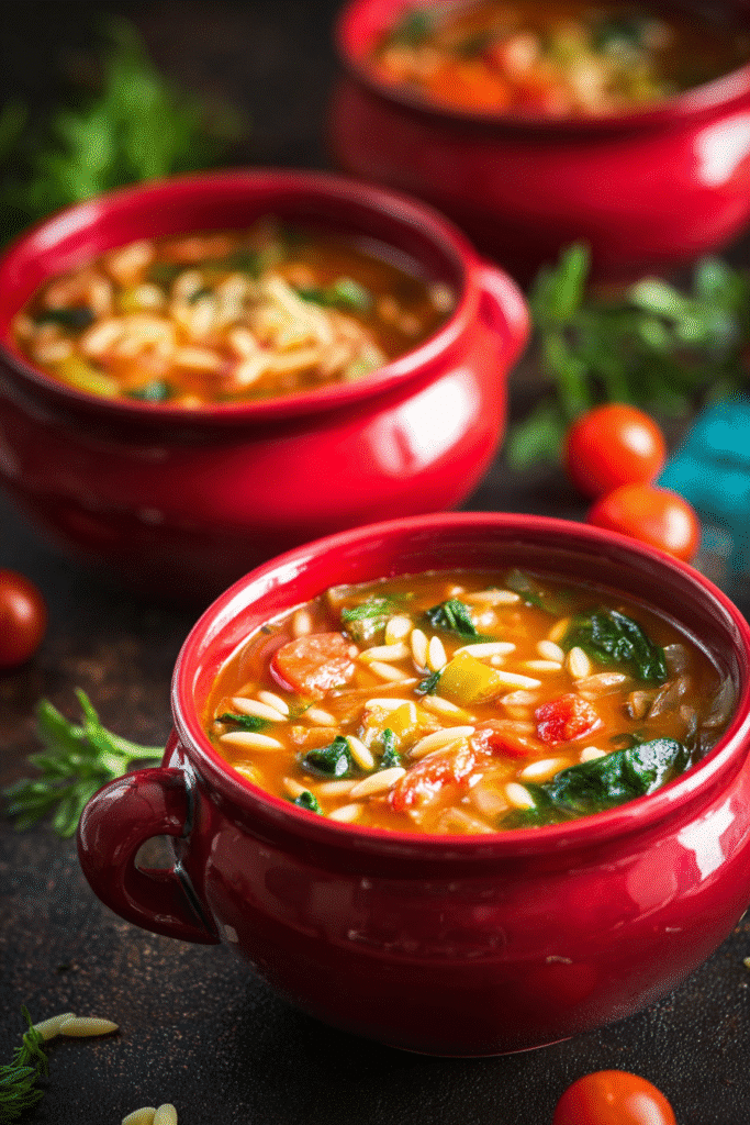 Hearty vegetable orzo soup with spinach, tomatoes, and herbs served in bright red bowls for a cozy and healthy meal