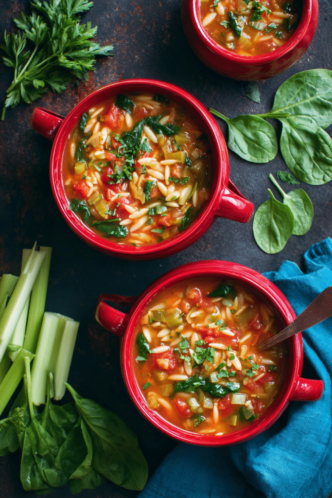 Colorful vegetable orzo soup with spinach, tomatoes, and celery served in red bowls for a cozy and healthy meal