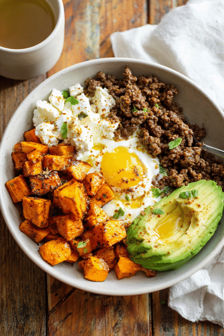Ground beef bowl with roasted sweet potatoes, avocado, sunny-side egg, and creamy cheese drizzled with hot honey.