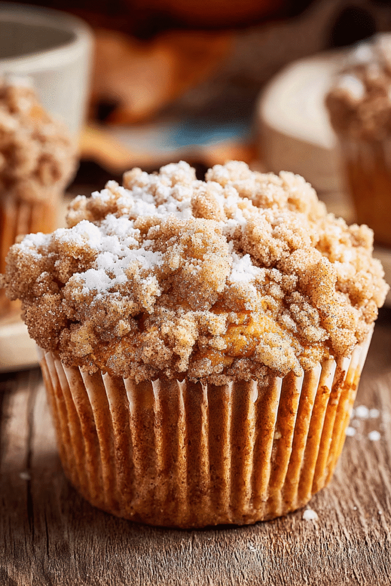 Close-up of a spiced pumpkin streusel muffin dusted with powdered sugar, soft and golden with a sweet crumble topping