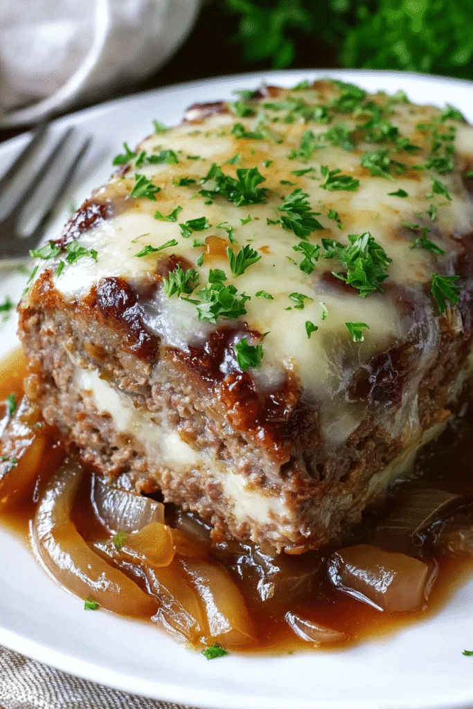 Juicy French onion meatloaf topped with melted cheese and fresh parsley served with caramelized onions and gravy