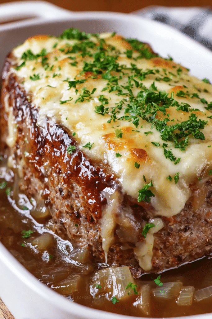 Golden baked French onion meatloaf topped with melted cheese, parsley, and served in rich caramelized onion gravy