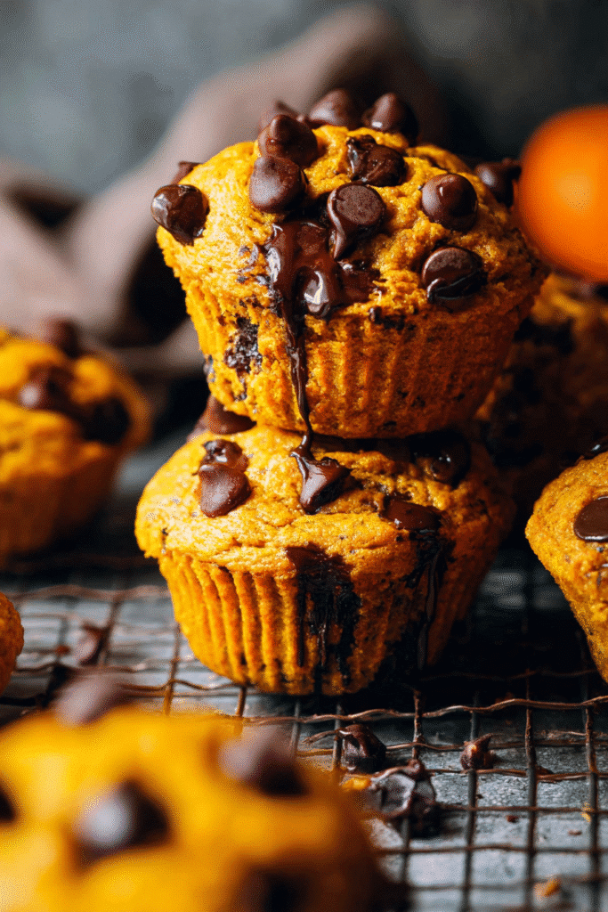 Warm pumpkin chocolate chip muffins topped with melted chocolate, stacked on a cooling rack for a cozy dessert