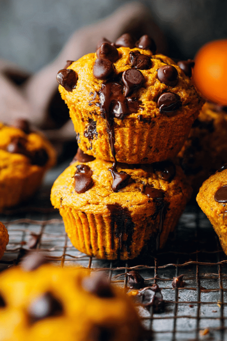 Warm pumpkin chocolate chip muffins topped with melted chocolate, stacked on a cooling rack for a cozy dessert