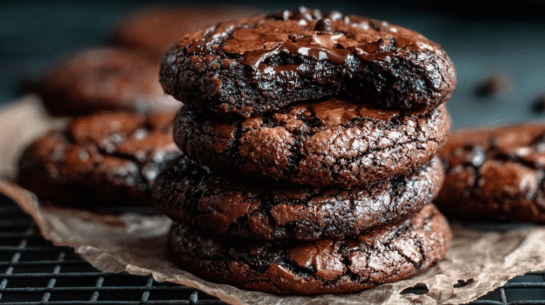 close-up of stacked fudgy brookies on crinkled parchment paper